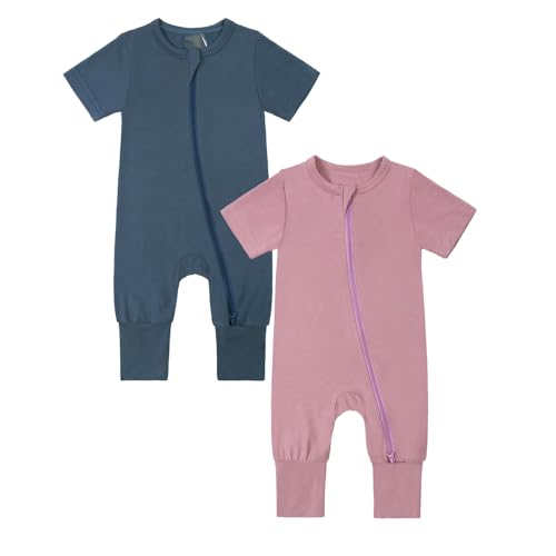 KIDS TALES 2er-Pack Baby Bambus Viskose Pyjamas Einteiler Kleinkind Kurzarm Fußlose Nachtwäsche 2 Wege Reißverschluss Strampler PJS von KIDS TALES