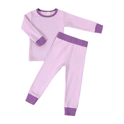 KIDS TALES Baby-Bambus-Viskose-Pyjama-Set Langarm-Oberteile mit geripptem Rundhalsausschnitt + elastische Hose Kleinkind gestreifte PJS-Nachtwäsche von KIDS TALES
