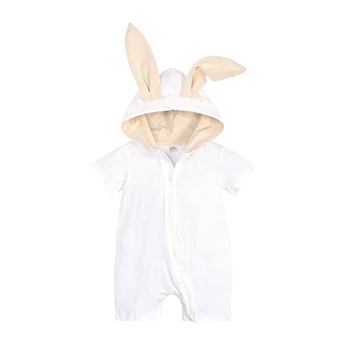KIDS TALES Baby Hase Kapuze Bodysuit Ostern Kurzarm Reißverschluss Strampler Kleinkind Kaninchen Ohr Hoodies Jumpsuit Kleinkind Sommer Short Playsuit von KIDS TALES