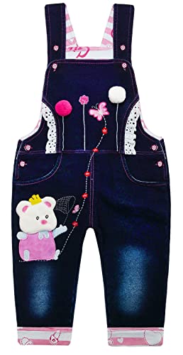 KIDSCOOL SPACE Baby Denim Overall,Kleines Mädchen Niedlicher Cartoon Bär Jean Latzhose,Blau, 18-24 Monate von KIDSCOOL SPACE