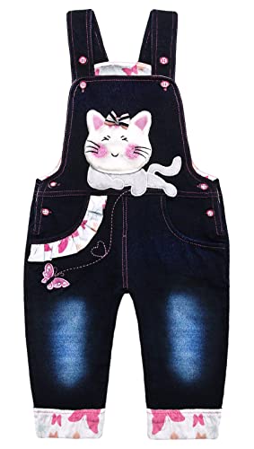 KIDSCOOL SPACE Baby Denim Overall,Kleines Mädchen Süße Cartoon Katze Jean Latzhose,Blau, 18-24 Monate von KIDSCOOL SPACE