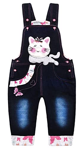 KIDSCOOL SPACE Baby Denim Overall,Kleines Mädchen Süße Cartoon Katze Jean Latzhose,Blau,6-12 Monate von KIDSCOOL SPACE