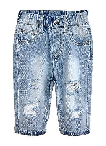 KIDSCOOL SPACE Baby-Jeans, elastische Taille mit D-Ring, 4 Löcher, Denim-Hose, Hellblau, 6–9 Monate von KIDSCOOL SPACE