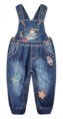 KIDSCOOL SPACE Baby Jungen Einfacher Windelwechsel Snap Legs Rockets Bestickter Denim Overall,Blau,2-3 Jahre von KIDSCOOL SPACE