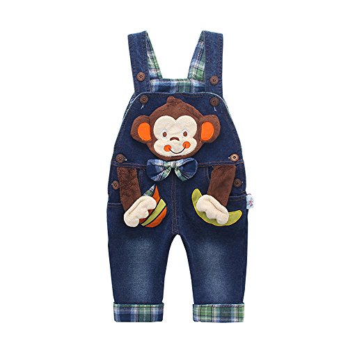 KIDSCOOL SPACE Baby Jungen Mädchen Latzhose, Kleinkind Denim 3D Affen Latzhose, Blau, 18-24 Monate von KIDSCOOL SPACE