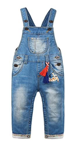 KIDSCOOL SPACE Baby Kleine Mädchen Quasten Dekor Cartoon Faultier Bestickte Jeans Overalls,Blau,2-3 Jahre von KIDSCOOL SPACE