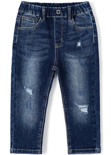 KIDSCOOL SPACE Baby Mädchen Jungen Jeans,Kleines Kind Gummiband Zerrissene Faltendekor Denimhose,Tiefblau,3-4 Jahre von KIDSCOOL SPACE
