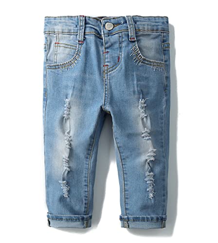 KIDSCOOL SPACE Baby Mädchen Jungen Slim Jeans,D-Ring Gummiband innen Zerrissene Jeanshose,Hellblau,12-18 Monate von KIDSCOOL SPACE