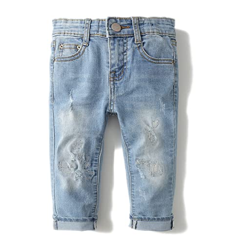 KIDSCOOL SPACE Baby Mädchen Jungen Slim Jeans,D-Ring Gummiband innen Zerrissene Jeanshose,Hellblau,12-18 Monate von KIDSCOOL SPACE