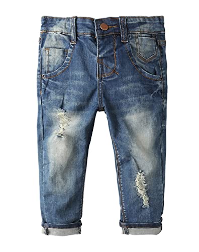 KIDSCOOL SPACE Baby Mädchen Jungen Slim Jeans,D-Ring Gummiband innen Zerrissene Jeanshose,Hellblau,3-4 Jahre von KIDSCOOL SPACE