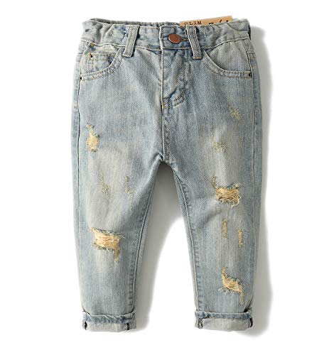 KIDSCOOL SPACE Baby Mädchen Jungen Slim Jeans,D-Ring Gummiband innen Zerrissene Jeanshose,Hellblau,3-4 Jahre von KIDSCOOL SPACE