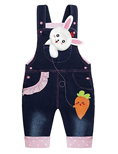 KIDSCOOL SPACE Baby Mädchen Overall, süße Kleinkind 3D Cartoon Bunny Dekor Denim Overall,Blau, 12-18 Monate von KIDSCOOL SPACE