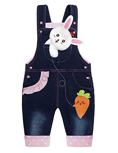 KIDSCOOL SPACE Baby Mädchen Overall, süße Kleinkind 3D Cartoon Bunny Dekor Denim Overall,Blau, 18-24 Monate von KIDSCOOL SPACE