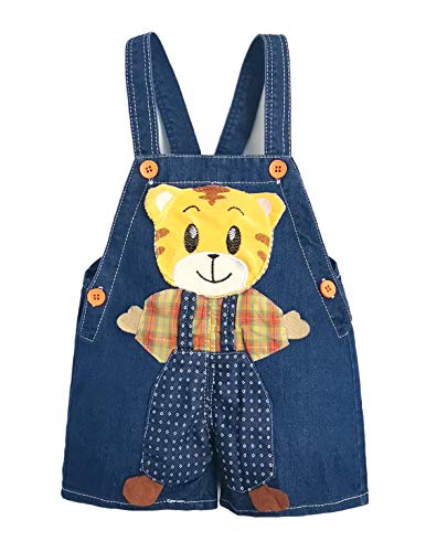 KIDSCOOL SPACE Baby Sommer Baumwolle Denim 3D Cartoon Tiger Weiche Kurze Overalls,Blau,12-18 Monate von KIDSCOOL SPACE