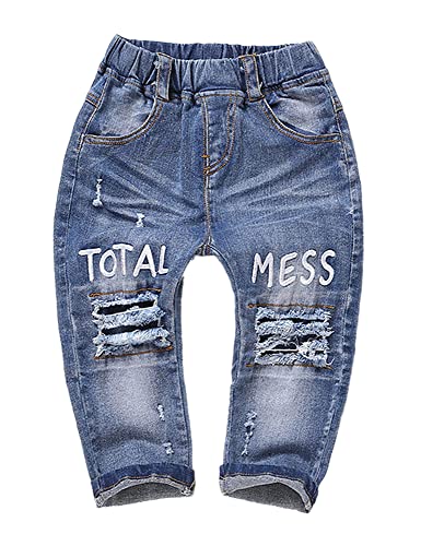 KIDSCOOL SPACE Baby Zerrissene Jeans,Kleinkind Elastische Taille Distressed Jeanshose,Hellblau,3-4 Jahre von KIDSCOOL SPACE