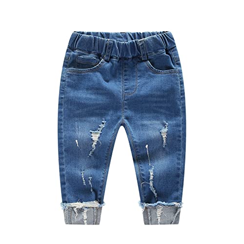 KIDSCOOL SPACE Baby Zerrissene Jeans,Kleinkind Elastische Taille Distressed Jeanshose,Hellblau,3-4 Jahre von KIDSCOOL SPACE