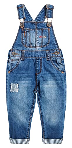 KIDSCOOL SPACE Baby kleine Jungen Mädchen Große Latztasche Aufgesetzte Jeans Latzhose aus gewaschener Baumwolle,Blau,4-5 Jahre von KIDSCOOL SPACE