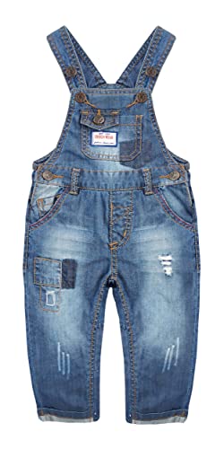 KIDSCOOL SPACE Baby & kleine Jungen Mädchen Große Latztasche Aufgesetzte Jeans-Latzhose aus gewaschener Baumwolle,Blau,12-18 Monate von KIDSCOOL SPACE