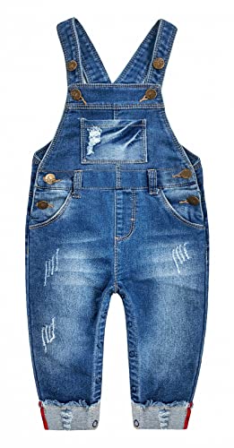 KIDSCOOL SPACE Baby & kleine Jungen Mädchen Große Latztasche Aufgesetzte Jeans-Latzhose aus gewaschener Baumwolle,Blau,4-5 Jahre von KIDSCOOL SPACE