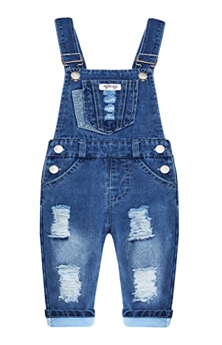 KIDSCOOL SPACE Baby & kleine Mädchen/Jungen Große Latztasche Stone Washed Zerrissene Denim-Latzhose,Blau,18-24 Monate von KIDSCOOL SPACE