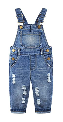 KIDSCOOL SPACE Baby & kleine Mädchen/Jungen Große Latztasche Stone Washed Zerrissene Denim-Latzhose,Blau,2-3 Jahre von KIDSCOOL SPACE