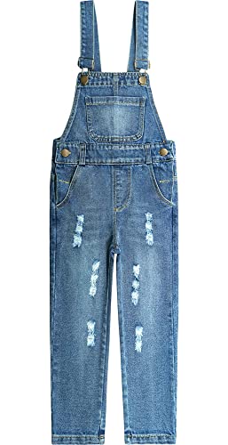 KIDSCOOL SPACE Baby & kleine Mädchen/Jungen Große Latztasche Stone Washed Zerrissene Denim-Latzhose,Blau,9-10 Jahre von KIDSCOOL SPACE