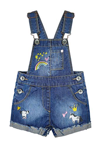 KIDSCOOL SPACE Baby & kleine Mädchen Regenbogen-Tierstickerei mit Fransenunterseite Denim Shortalls,Blau,6-12 Monate von KIDSCOOL SPACE