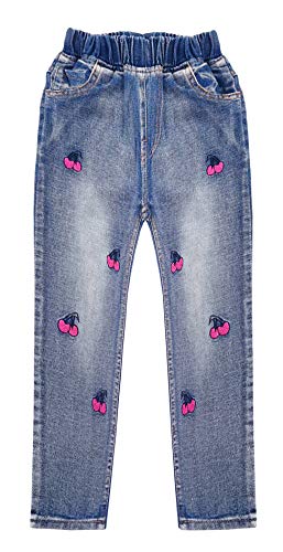 KIDSCOOL SPACE Baumwolljeans mit verwaschener, elastischer Taille und Kirschbaum-Stickerei für Mädchen,Hellblau,3T von KIDSCOOL SPACE