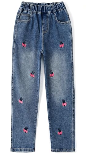 KIDSCOOL SPACE Baumwolljeans mit verwaschener, elastischer Taille und Kirschbaum-Stickerei für Mädchen,Hellblau,6 von KIDSCOOL SPACE