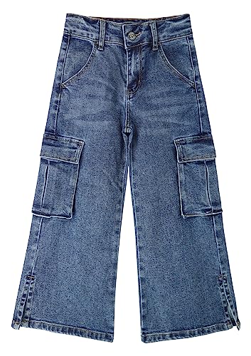 KIDSCOOL SPACE Cargo-Jeans für große Mädchen mit Pattentasche, weitem Bein und geteiltem Saum, Boyfriend-Jeans, Dunkelblau, 10–11 Jahre von KIDSCOOL SPACE
