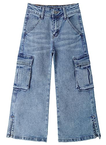 KIDSCOOL SPACE Cargo-Jeans für große Mädchen mit Pattentasche, weitem Bein und geteiltem Saum, Boyfriend-Jeans, Hellblau, 12 von KIDSCOOL SPACE