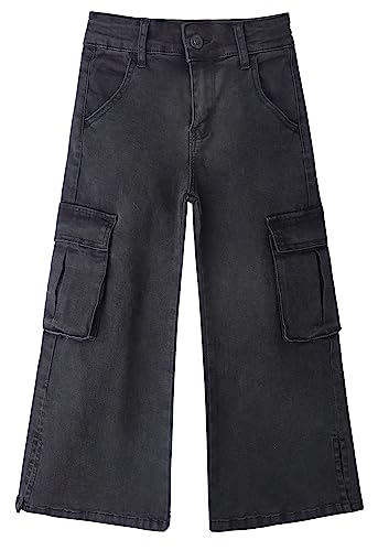 KIDSCOOL SPACE Cargo-Jeans für große Mädchen mit Pattentasche, weitem Bein und geteiltem Saum, Boyfriend-Jeans, Schwarz, 12 von KIDSCOOL SPACE