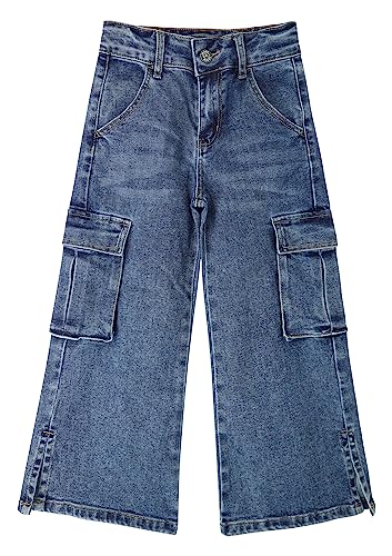 KIDSCOOL SPACE Cargo-Jeans für große Mädchen mit Pattentasche, weitem Bein und geteiltem Saum, Boyfriend-Jeans, Tiefblau, 14 von KIDSCOOL SPACE