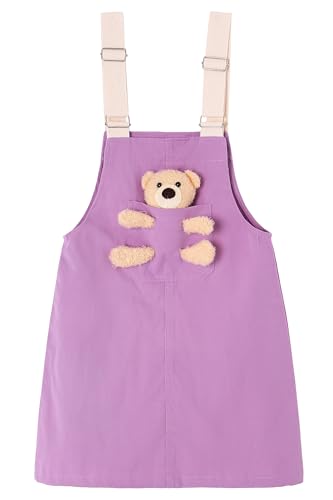 KIDSCOOL SPACE Denim Overallkleid Mädchen,süßes Bären Design,Sommerfarbenes Overall Kleid Set,Weiß Lila,9-10 Jahre von KIDSCOOL SPACE