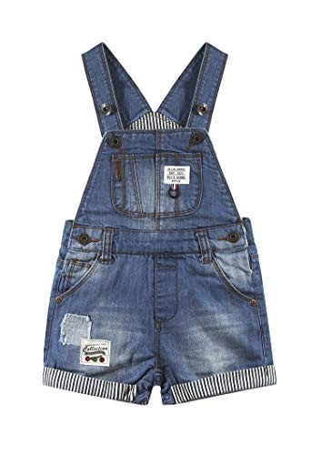 KIDSCOOL SPACE Denim Shortalls für Babys und kleine Jungen mit großer Latztasche und gestreifter Unterseite,Blau,18-24 Monate von KIDSCOOL SPACE