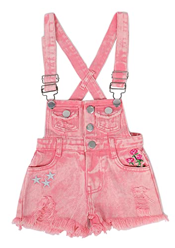 KIDSCOOL SPACE Fashion Denim Shortalls für Mädchen mit Sternen-Rose-Stickerei und offener Kante, Rosa, 8-9 Jahre von KIDSCOOL SPACE