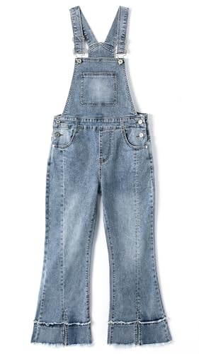 KIDSCOOL SPACE Jeans-Latzhose für Mädchen, 2-lagig, mit offenem Saum und eckigen Taschen, Hellblau, 5–6 Jahre von KIDSCOOL SPACE