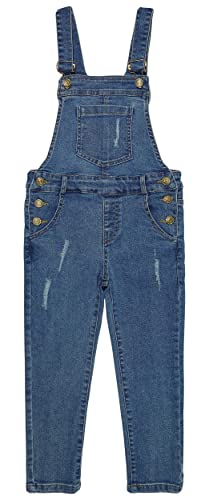 KIDSCOOL SPACE Jeans-Overall für große Mädchen, zerrissenes Gummiband mit großem Latz innen, dehnbarer, weicher Denim-Overall, Blau, 7–8 Jahre von KIDSCOOL SPACE