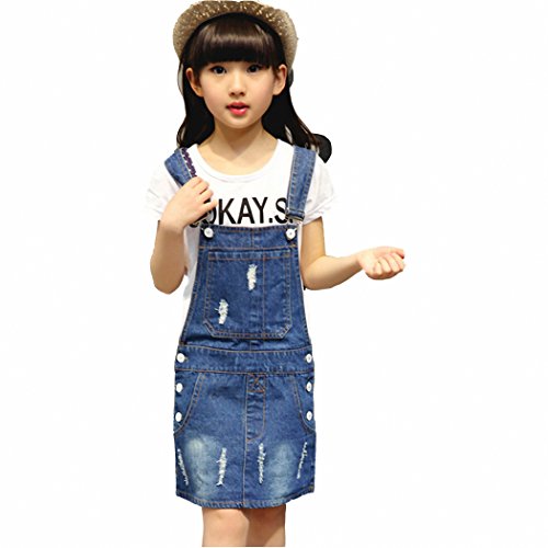KIDSCOOL SPACE Jeans-Overallkleid für kleine Mädchen, zerrissene verstellbare Denim-Latzhose,Blau,8-9 Jahre von KIDSCOOL SPACE
