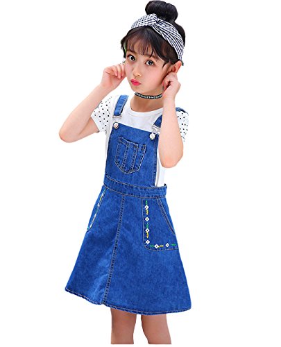 KIDSCOOL SPACE Jeans-Overallkleid für kleine Mädchen,Blumenbestickte verstellbare Denim-Latzhose,Blau,6-7 Jahre von KIDSCOOL SPACE