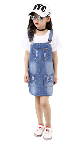 KIDSCOOL SPACE Jeans-Overallkleid für kleine Mädchen,Zerrissene verstellbare Denim-Latzhose,Blau,5-6 Jahre von KIDSCOOL SPACE
