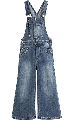 KIDSCOOL SPACE Jeans-Overalls für Mädchen, kleine große Kinder, weites Bein, elastische Innenseite, Jeans-Latzhose, ausgestellte Hose, Hellblau, 11–12 Jahre von KIDSCOOL SPACE