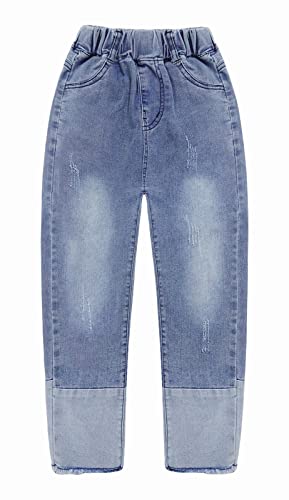 KIDSCOOL SPACE Jeans für Mädchen, Elastische, elastische Taillen Patchwok Jeanshose mit ungesäumten Kanten,hellblau,12-13 Jahre von KIDSCOOL SPACE