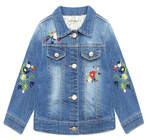 KIDSCOOL SPACE Jeansjacke für kleine Mädchen, Denim-Outfit mit Blumenstickerei, Blau, 9-10 Jahre von KIDSCOOL SPACE