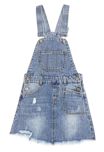KIDSCOOL SPACE Jeansrock für Mädchen, 6-14 Jahre, Jeans-Overall Sommerkleid mit großen Rissen und ungeschnittenem Saum, Hellblau, 7-8 Jahre von KIDSCOOL SPACE