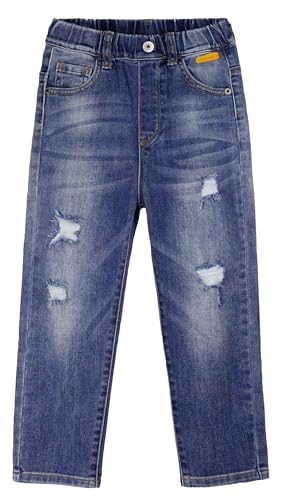 KIDSCOOL SPACE Kids Letters Printed Decor Ripped Fashion Jeans mit elastischer Taille,Blau,9-10 Jahre von KIDSCOOL SPACE