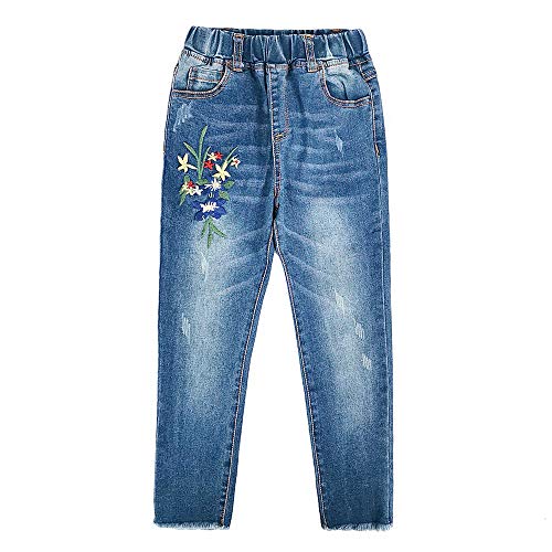 KIDSCOOL SPACE Kleine Mädchen Bestickte Jeans,Große Mädchen Jeanshose mit elastischer Taille,Blau,10-12 Jahre von KIDSCOOL SPACE