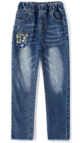 KIDSCOOL SPACE Kleine Mädchen Bestickte Jeans,Große Mädchen Jeanshose mit elastischer Taille,Blau,10-12 Jahre von KIDSCOOL SPACE