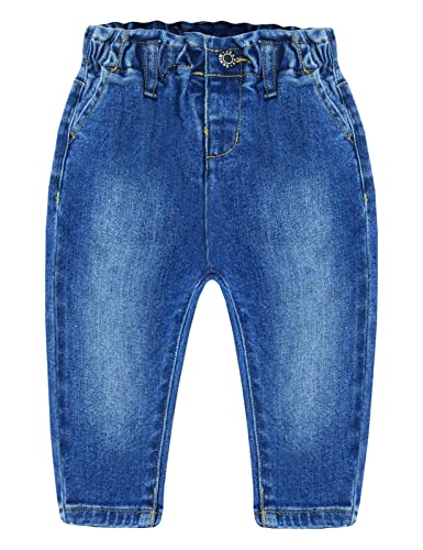 KIDSCOOL SPACE Kleine Mädchen Denim-Hose mit Rüschen und elastischer Taille mit diagonalen Taschen,Blau,2-3 Jahre von KIDSCOOL SPACE