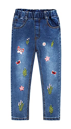 KIDSCOOL SPACE Kleine große Mädchen Stickerei Schmetterlingsgras Slim Jeanshose,Roter Schmetterling,10-11 Jahre von KIDSCOOL SPACE